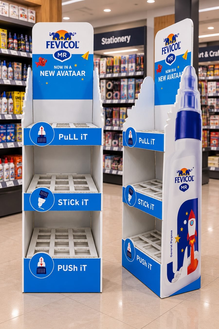 Custom point of sale display stand with a contour-cut product header and tray shelves, manufactured by Option Print