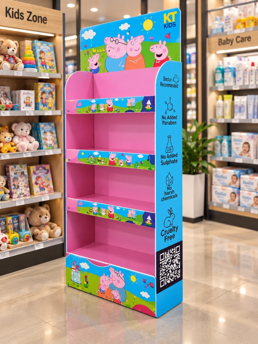 Printed Sunpack floor display stand holding toys and novelty products in a retail store