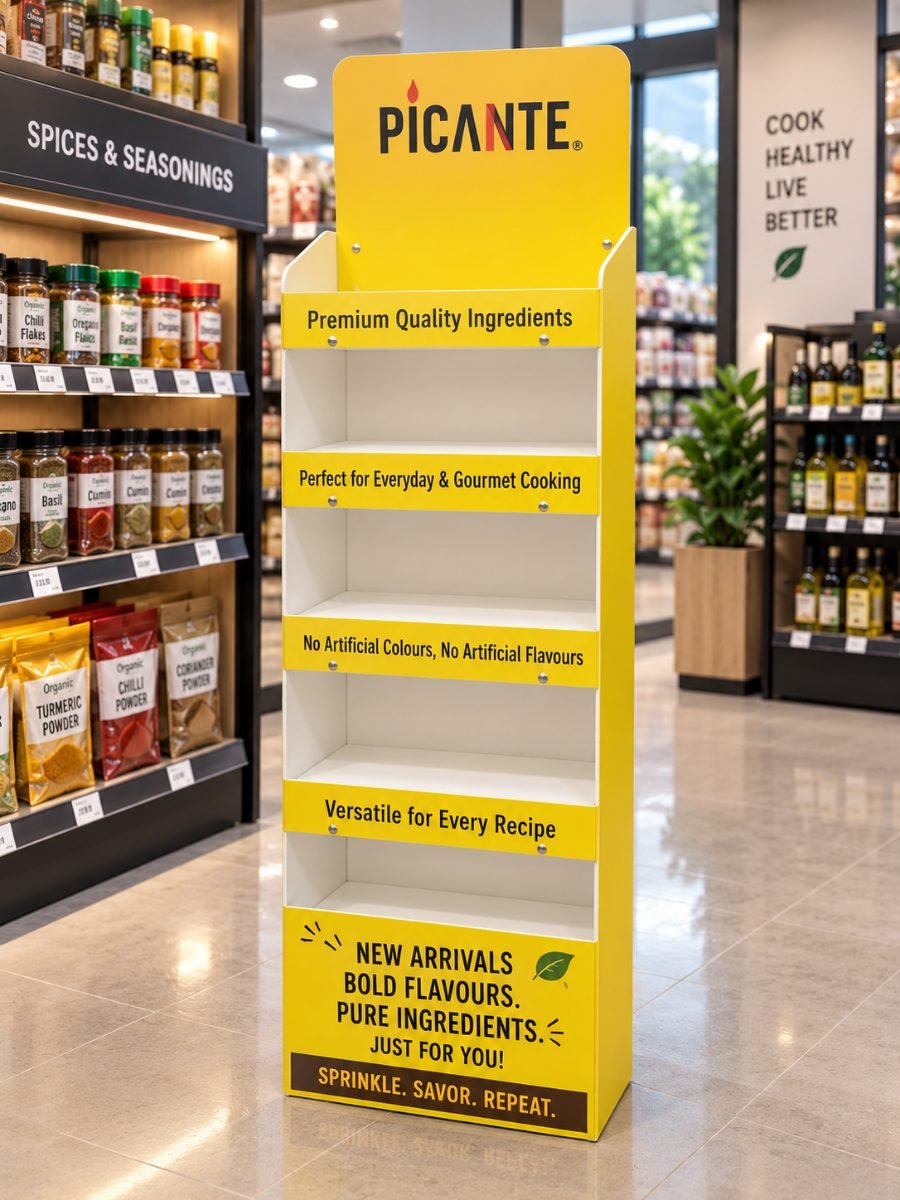 Printed Sunpack floor standing display unit holding spice and seasoning packs in a retail aisle